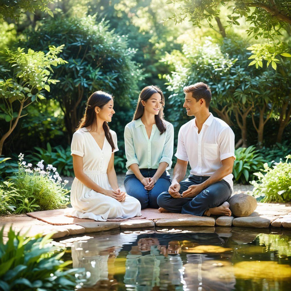 A serene scene depicting a couple practicing mindfulness together in a sunlit garden, surrounded by blooming flowers and lush greenery. They are sitting cross-legged, holding hands, with soft smiles that radiate warmth and affection. A gentle breeze stirs the leaves, adding a dreamy quality to the atmosphere, while butterflies flit around them, symbolizing transformation. The background includes a peaceful water feature and dappled sunlight filtering through trees. soft focus. pastel colors. nature-inspired.