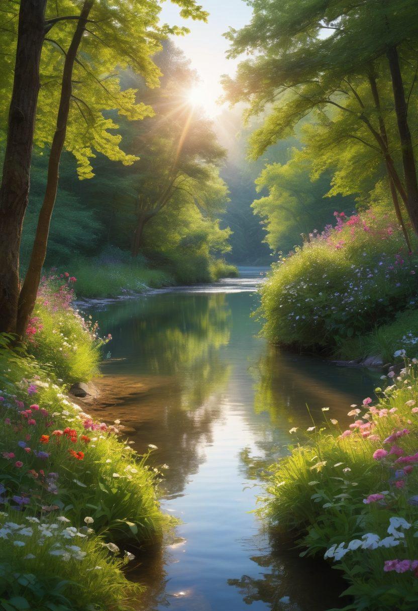 A serene landscape with a glowing heart symbol at the center, surrounded by blooming flowers and a tranquil river flowing gently. Soft sunlight is filtering through lush trees, creating a warm and inviting atmosphere. Silhouettes of diverse people practicing mindfulness and connecting with nature are depicted in the background. The scene encapsulates themes of love, wellness, and personal growth. vibrant colors. super-realistic.