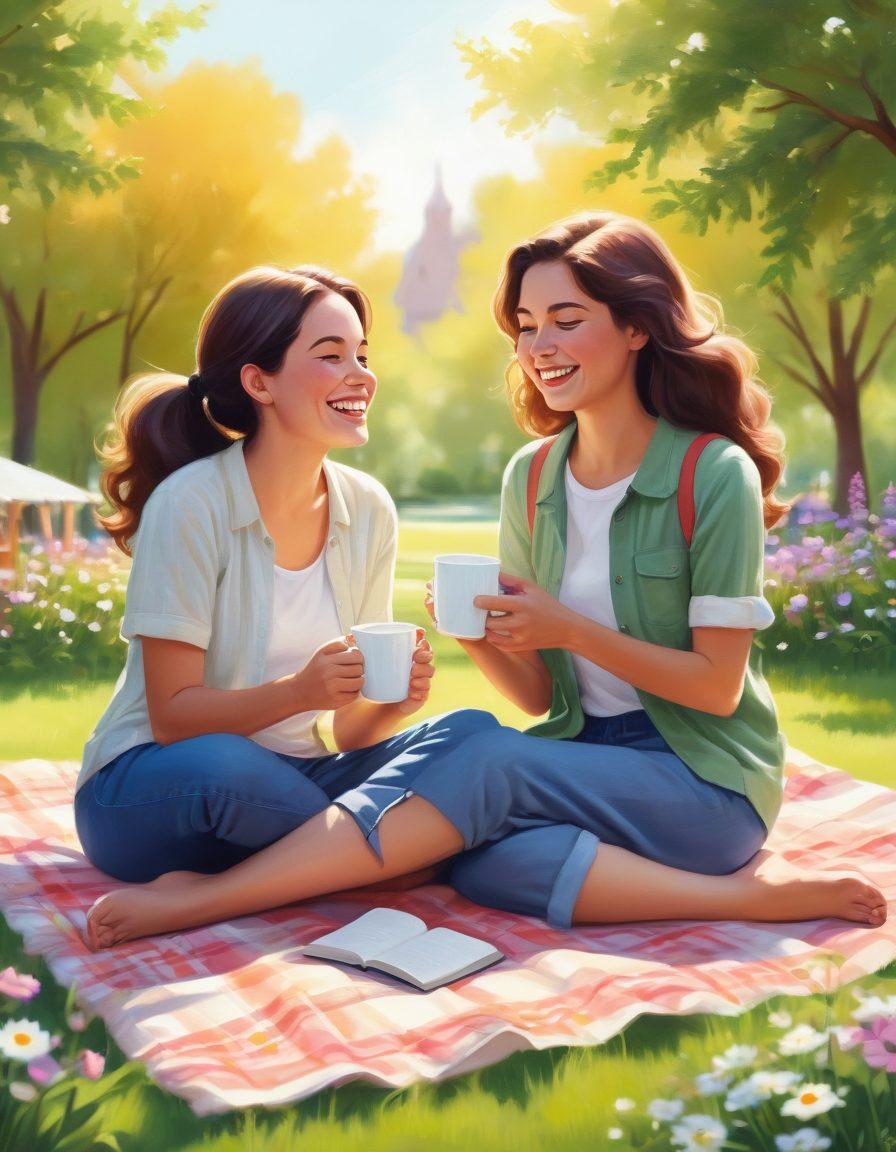 A warm and inviting scene depicting two friends sharing a genuine laugh in a sunlit park, surrounded by blooming flowers and lush greenery. Include elements representing self-care, such as a journal and mug of tea on a nearby picnic blanket. Emphasize the connection with soft, glowing light and gentle expressions. whimsical illustration. vibrant colors. soft focus.